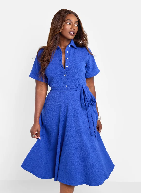 Blue Work Midi Dresses-Allow Me Floral Print Button Top Skater Midi Dress - Blue