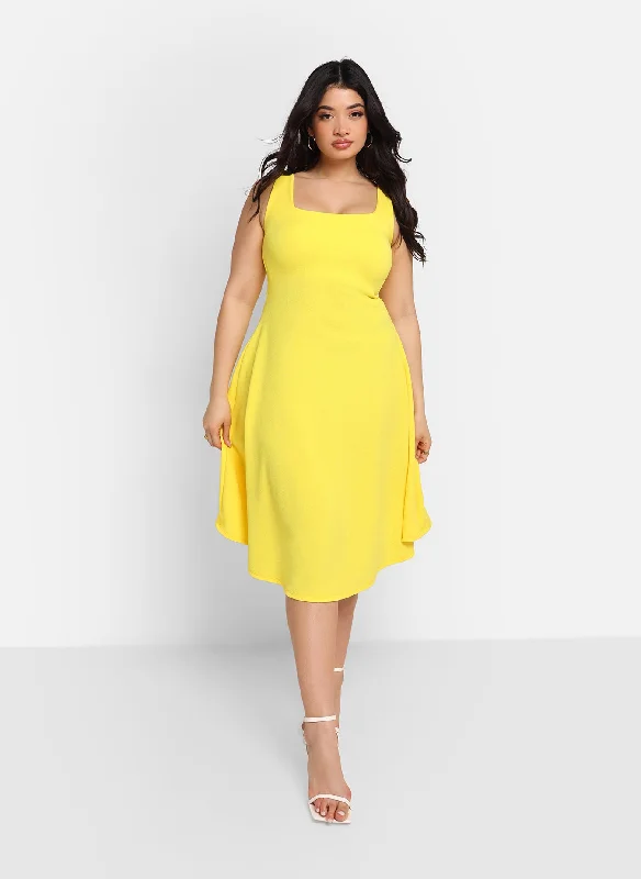 Satin Formal Midi Dresses-Nathalie Square Neck Midi A Line Dress - Bright Yellow