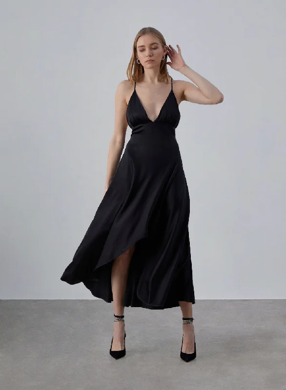 Geometric Party Midi Dresses-Forever Chic Asymmetric Silky Midi Dress