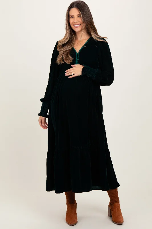 Dinner Midi Dresses-Forest Green Velvet Button Accent Smocked Sleeve Maternity Midi Dress