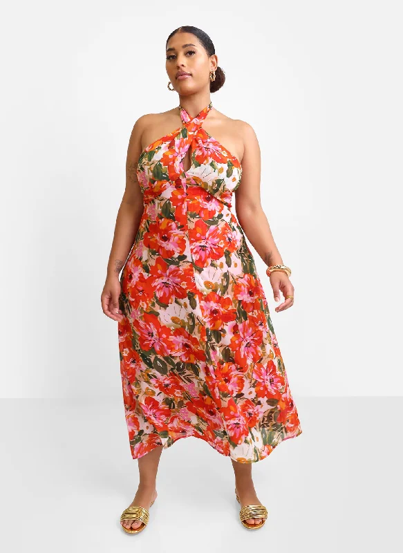 Plus Size Boho Midi Dresses-Giada Floral Halter Midi Slip Dress