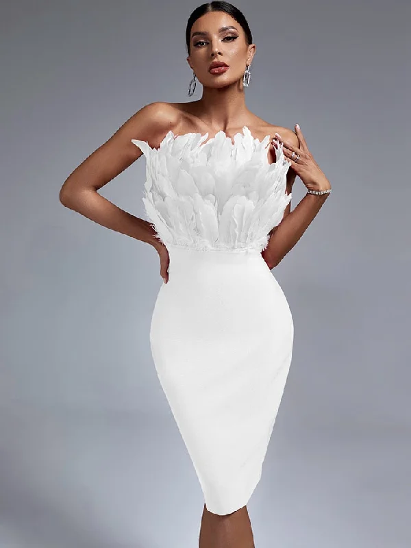 Designer Work Midi Dresses-Strapless Feather Midi Dress