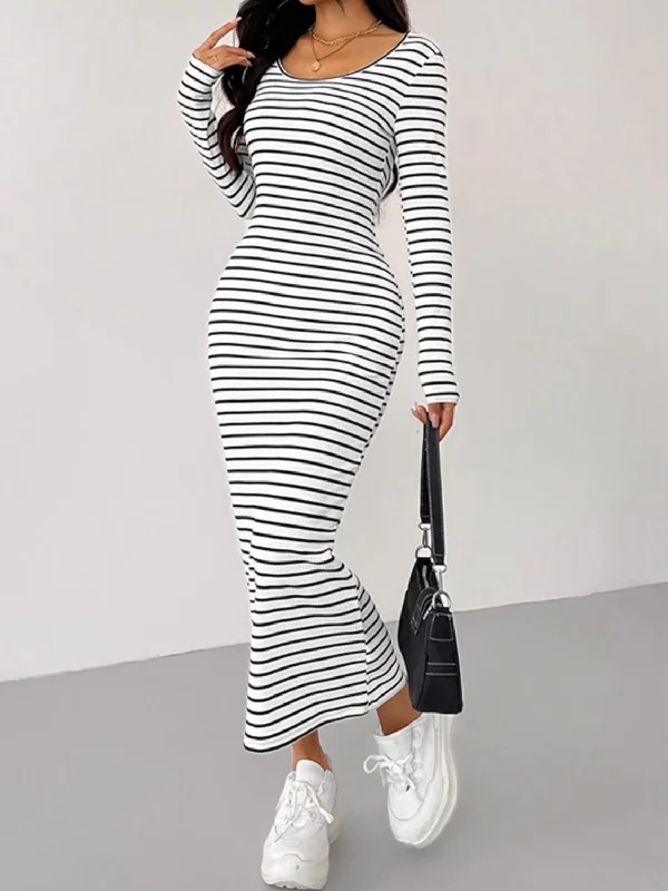 Cotton Winter Midi Dresses-Striped Scoop Neck Long Sleeve Midi Tee Dress