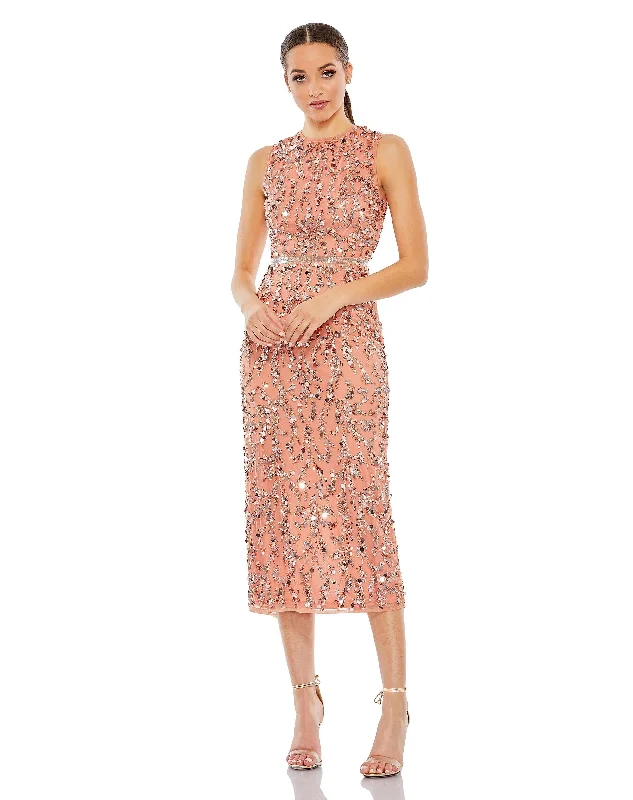 Pink Midi Dresses-Sequined, high neck, sleeveless sheath midi dress