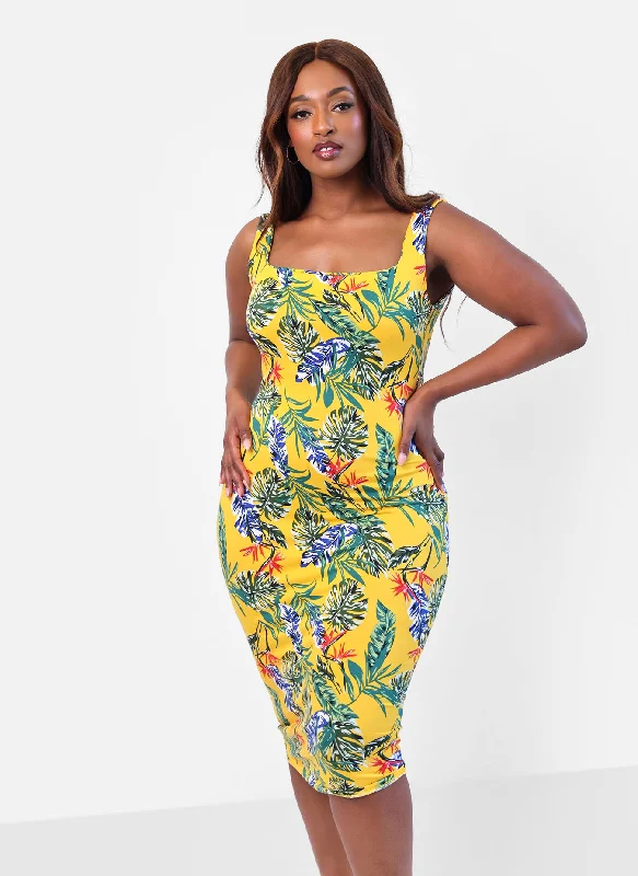 Casual Cotton Midi Dresses-Isla Tropical Print Bodycon Midi Dress