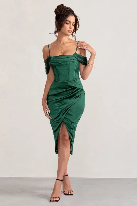 Strapless Party Midi Dresses-Deserving | Bottle Green Satin Bardot Sleeve Corset Wrap Midi Dress