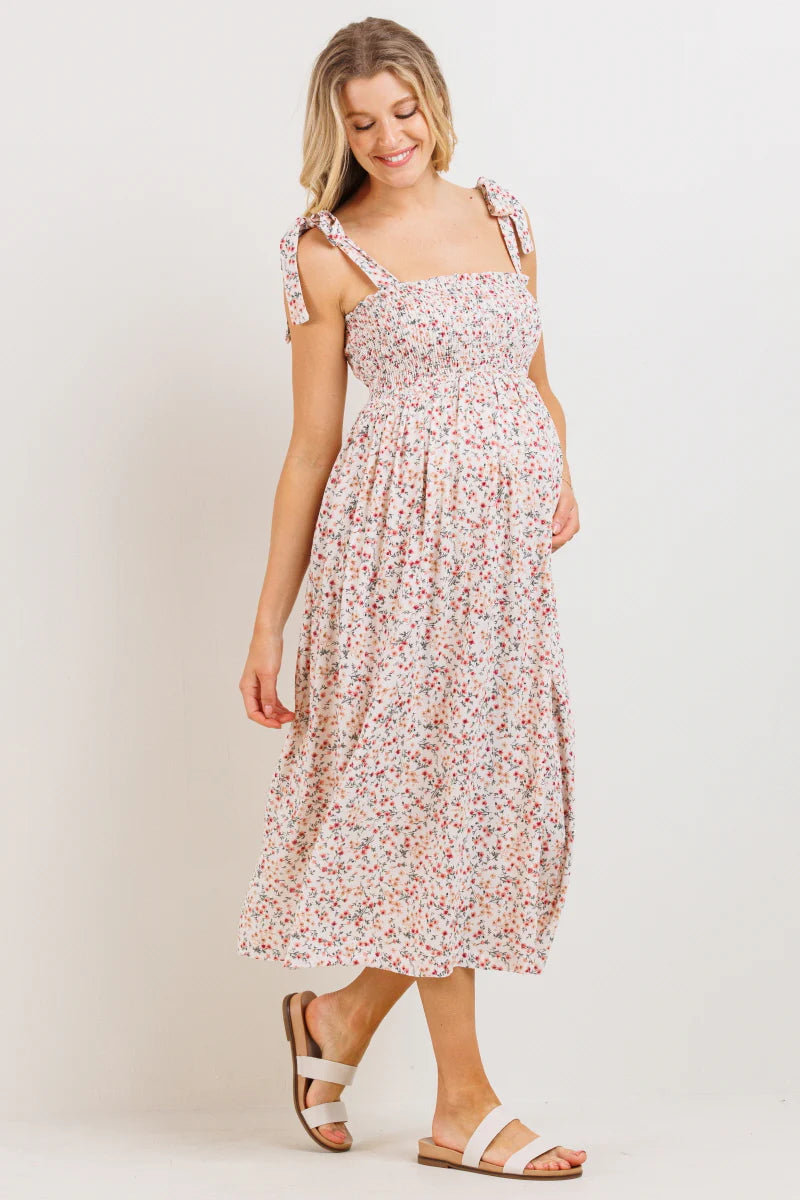 Sleeveless Summer Midi Dresses-Shoulder Tie Floral Midi Dress