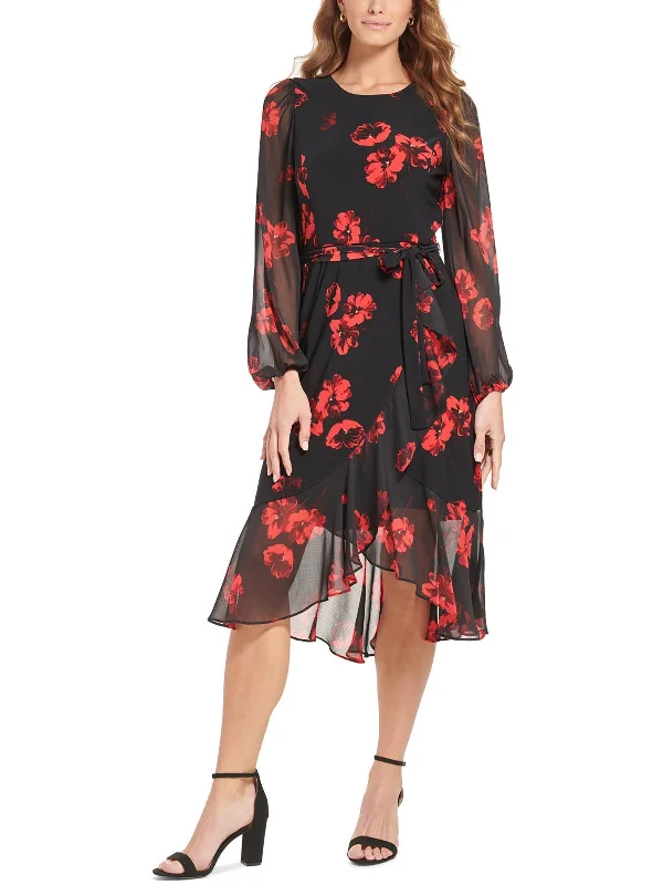 Velvet Winter Midi Dresses-Petites Womens Floral Print Calf Midi Dress