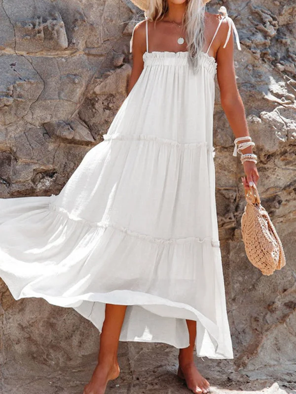 Satin Summer Midi Dresses-White casual suspender midi dress