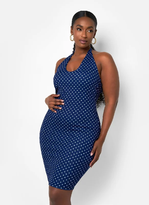 Green Casual Midi Dresses-Holly Polka Dot Halter Midi Bodycon Dress - Navy & White