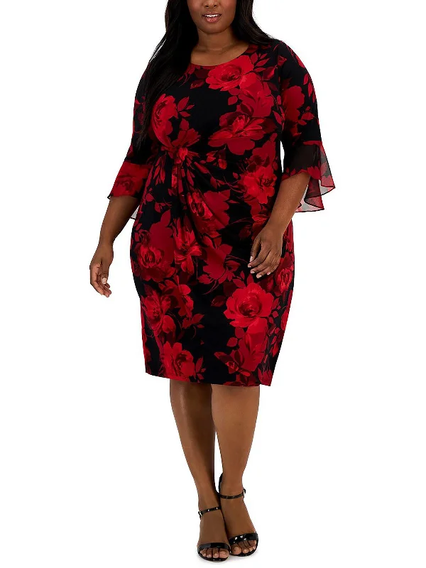 Casual Summer Midi Dresses-Plus Womens Floral Print Midi Sheath Dress