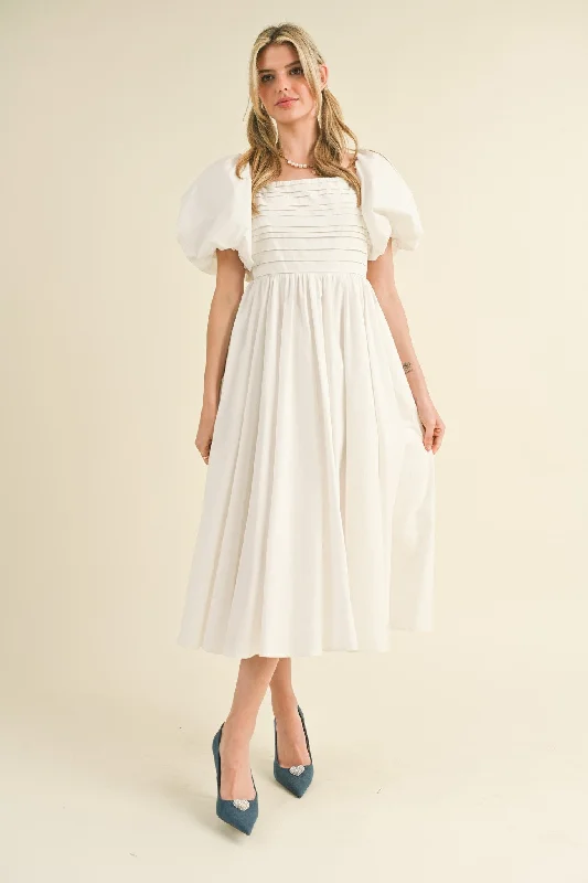 Black Club Midi Dresses-Off White Balloon Sleeve Pleated Midi Dress