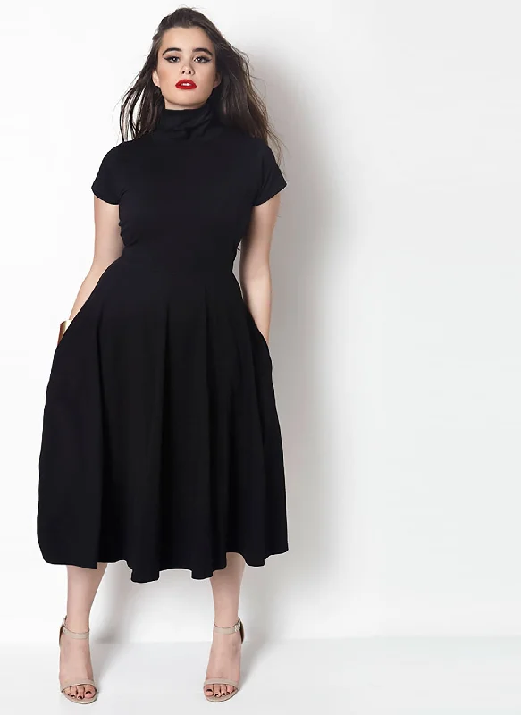 Formal Black Midi Dresses-The Queens Vow Cotton Turtleneck Skater Midi Dress