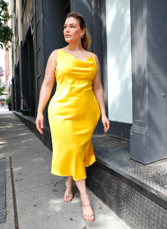 Sexy Formal Midi Dresses-High Key Satin Cowl Neck Midi Shift Dress - Yellow