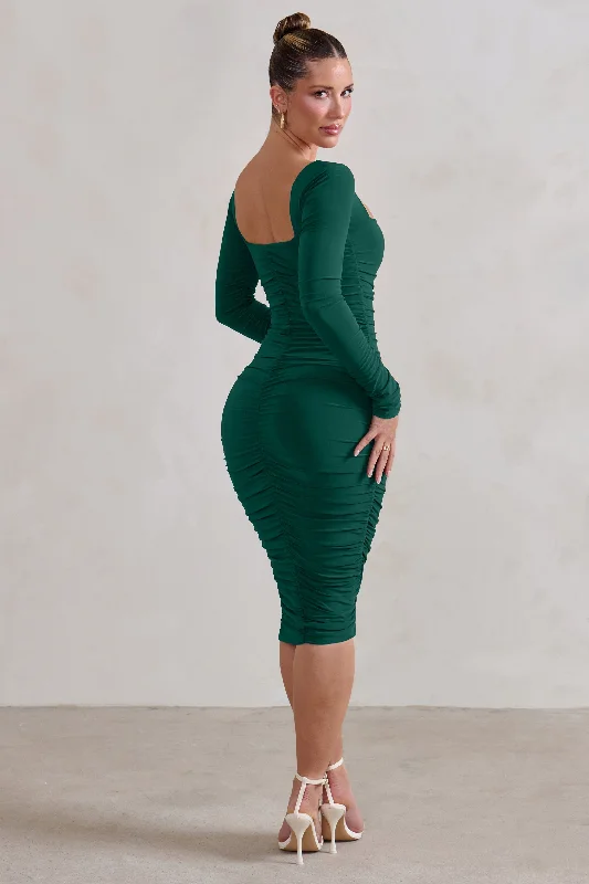 Green Velvet Midi Dresses-Seductress | Bottle Green Square Neck Bodycon Midi Dress With Long Sleeves