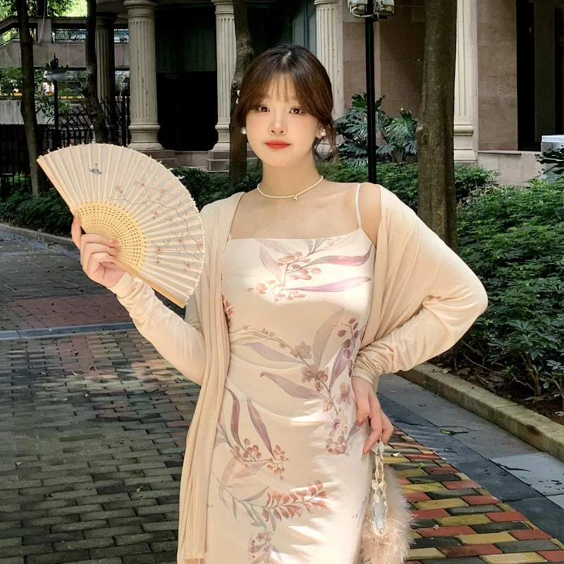 Silk Boho Midi Dresses-Printed slip dress women's summer new Chinese style vintage midi dress LL-451