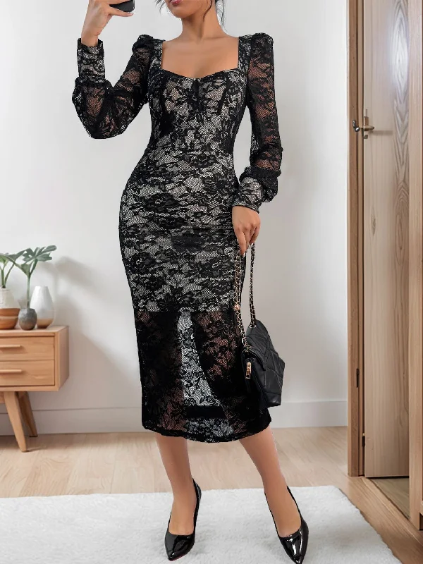 Elegant Wedding Midi Dresses-Lace Sweetheart Neck Long Sleeve Midi Dress