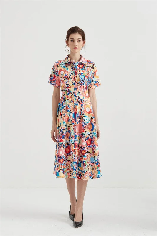 Silk Beach Midi Dresses-Multicolor Day A-line Shirt Colar Short Sleeve Midi Dress