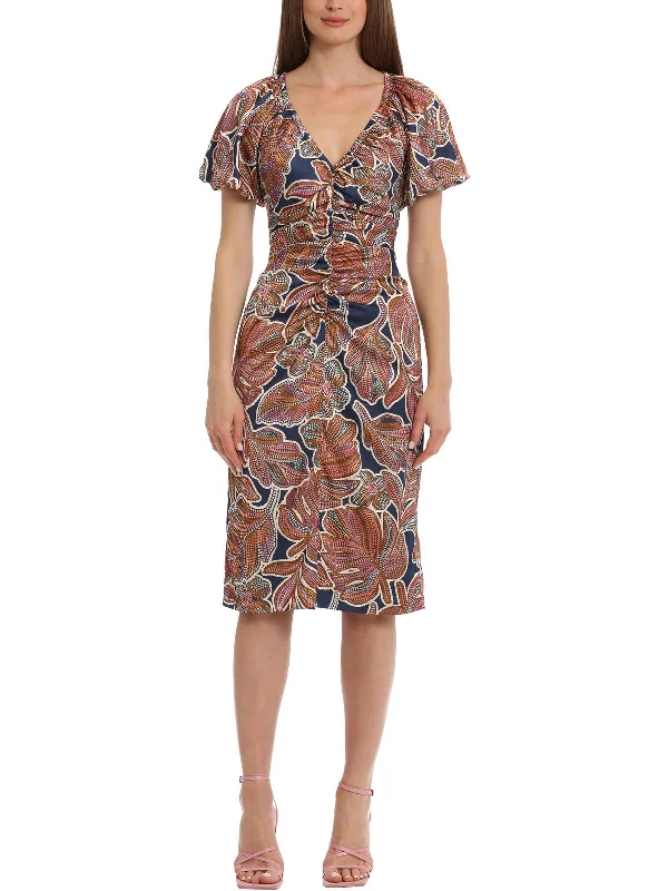 Black Club Midi Dresses-Womens Floral Ruched Midi Dress