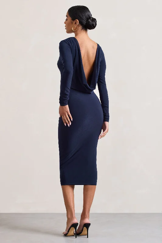 High Neck Work Midi Dresses-Dynasty Darling | Navy Cowl-Back Long-Sleeved Bodycon Midi Dress