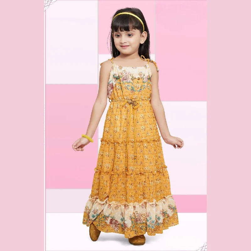 Cheap Geometric Midi Dresses-Mustard Flared Midi for Girls