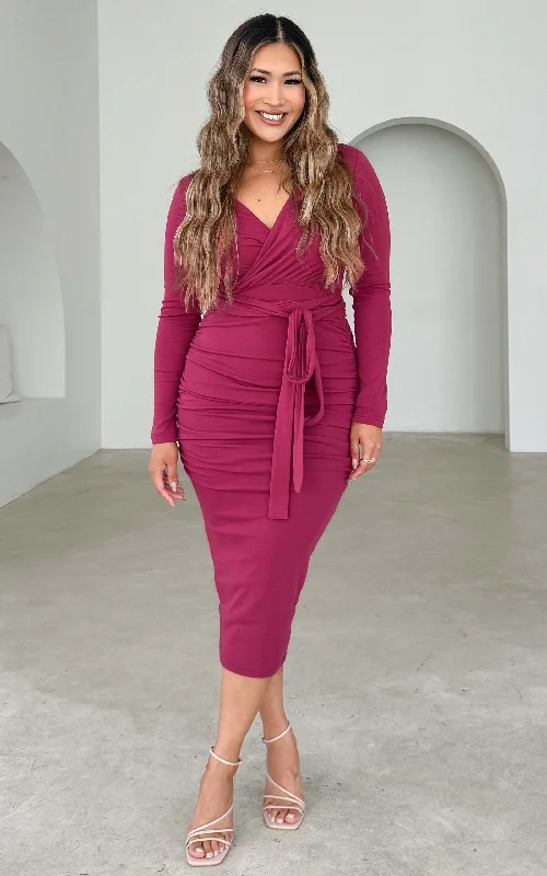 Grey Boho Midi Dresses-Aston Long Sleeve Midi Dress - Plum