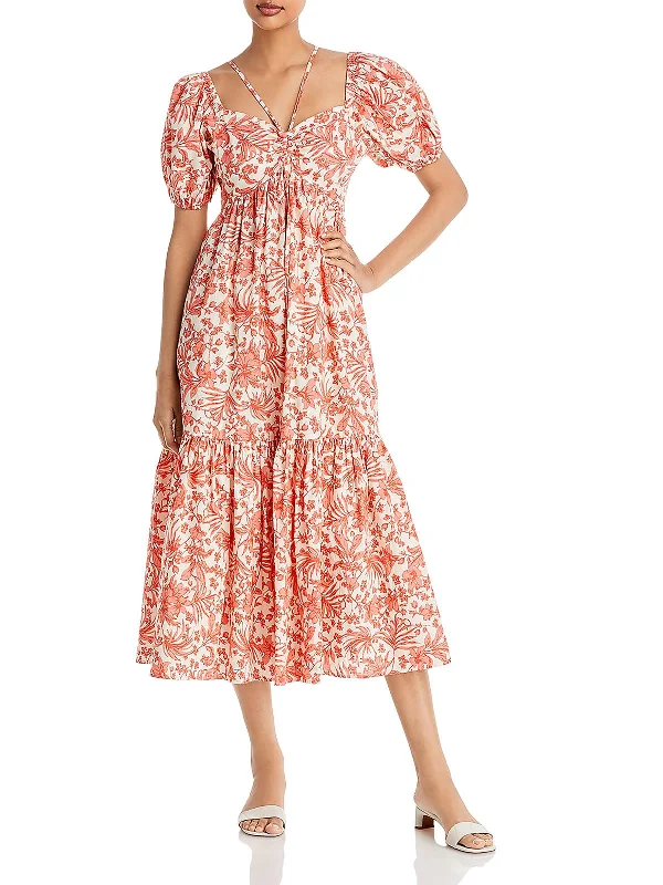 High Neck Club Midi Dresses-Womens Cotton Floral Midi Dress