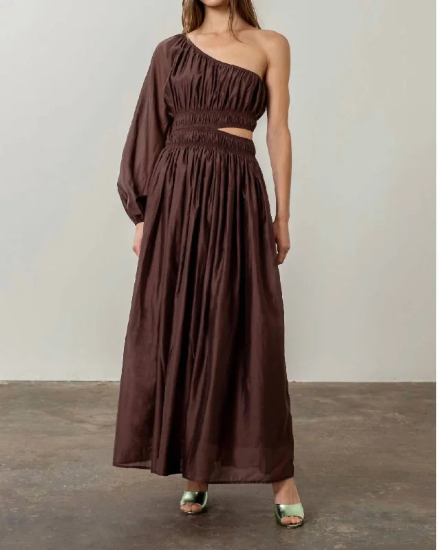 Silk Black Midi Dresses-Cut Out Shirred Midi Dress In Chocolate