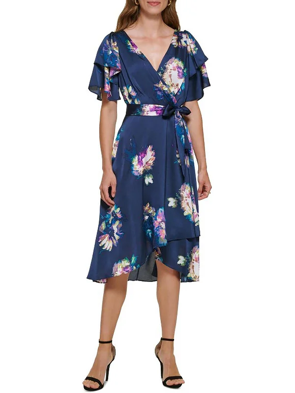 Formal Satin Midi Dresses-Womens Floral Midi Wrap Dress