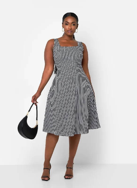 Black Vintage Midi Dresses-Bailey Stripe Midi A Line Dress - Black & White