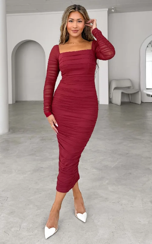 Tie Dye Winter Midi Dresses-Lovick Mesh Midi Dress - Wine