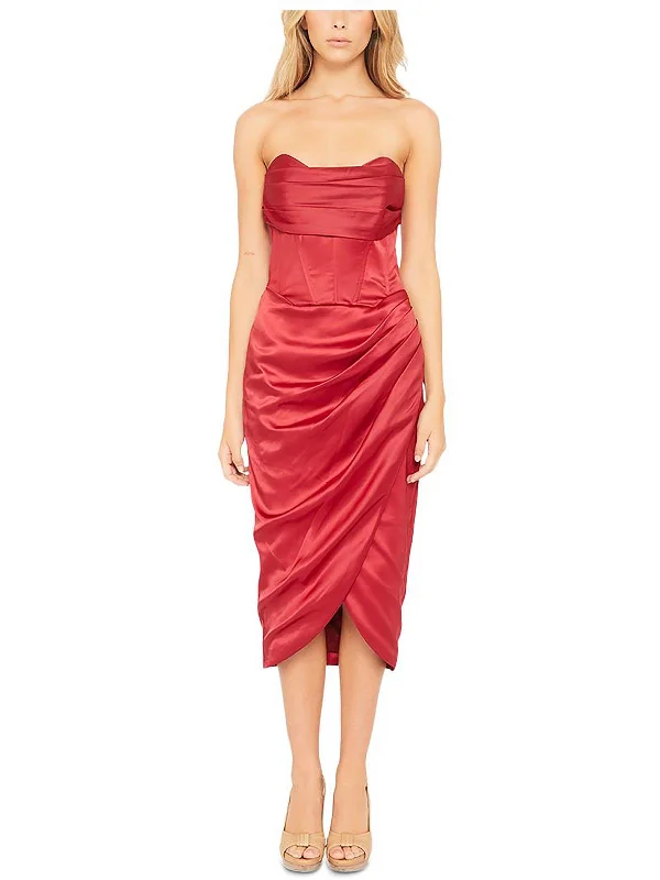 Sleeveless Summer Midi Dresses-Juniors Jamila Womens Satin Strapless Midi Dress