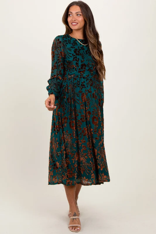 Casual Midi Dresses-Teal Velvet Floral Overlay Maternity Midi Dress