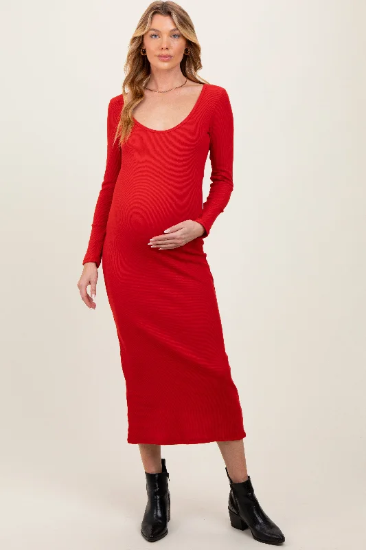 Satin Midi Dresses-Red Scoop Neck Long Sleeve Maternity Midi Dress