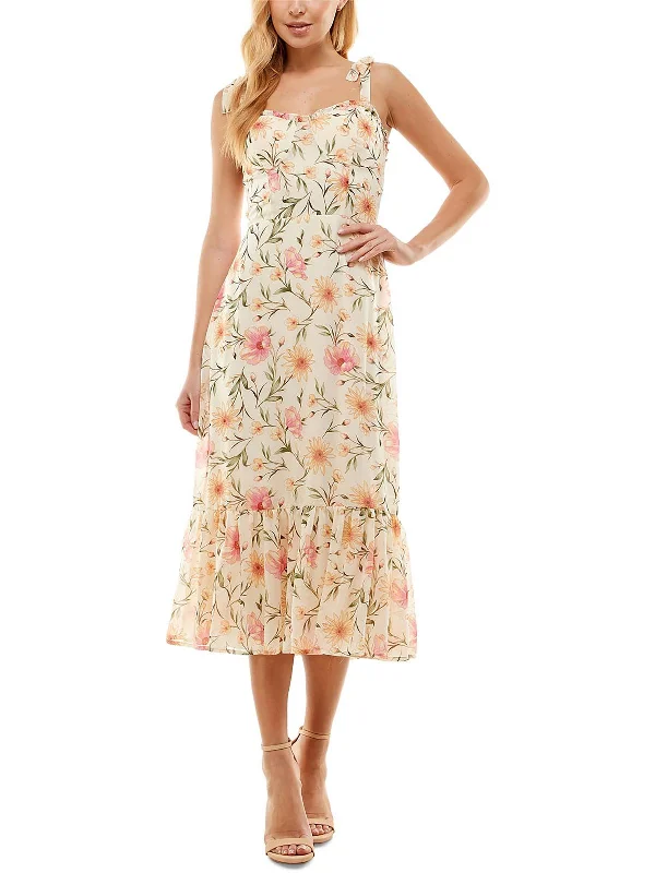 Knit Cozy Midi Dresses-Juniors Womens Floral Print Tie Shoulder Midi Dress