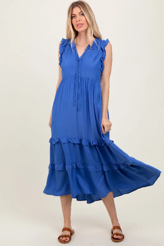 Women Formal Midi Dresses-Blue Ruffle Accent Tiered Front Tie Midi Dress