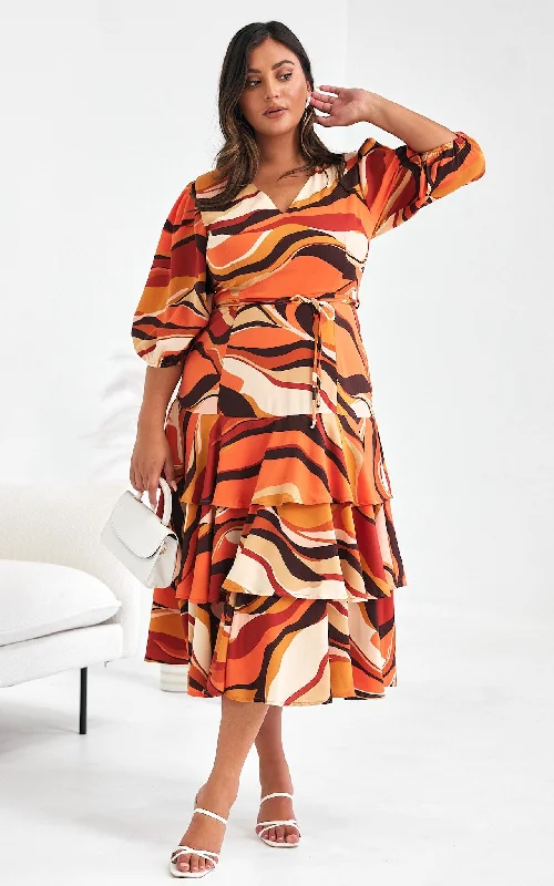 Plus Size Midi Dresses-Alicie Midi Dress - Orange Brown Multi Print