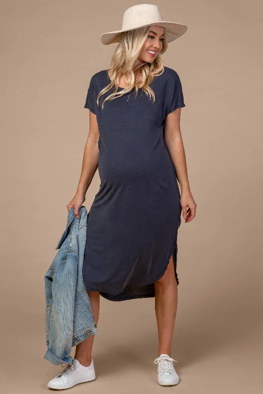 Orange Beach Midi Dresses-Navy Faded Curved Hem Maternity Midi Dress