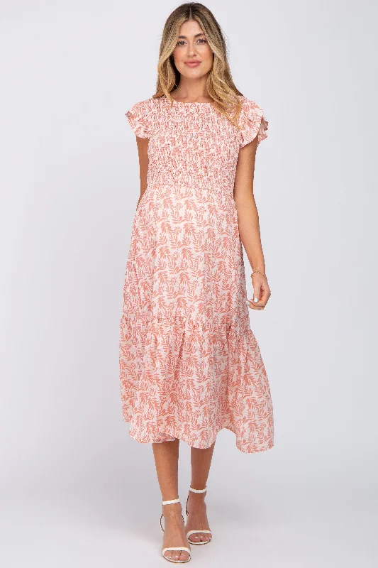 Embroidered Party Midi Dresses-Pink Leaf Print Smocked Ruffle Sleeve Maternity Midi Dress