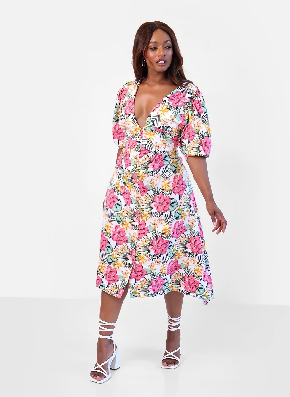 Winter Denim Midi Dresses-Elena Tropical Print A-Line Midi Dress