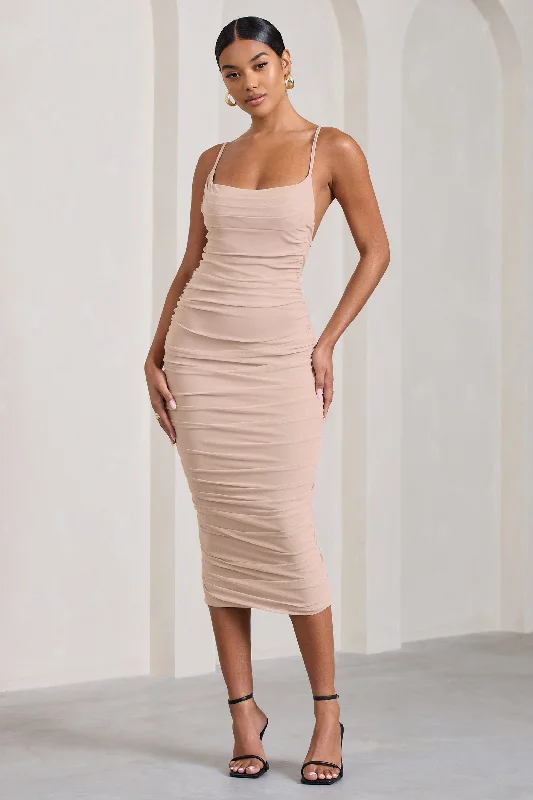 Striped Midi Dresses-Bree | Nude Ruched Mesh Strappy Bodycon Midi Dress