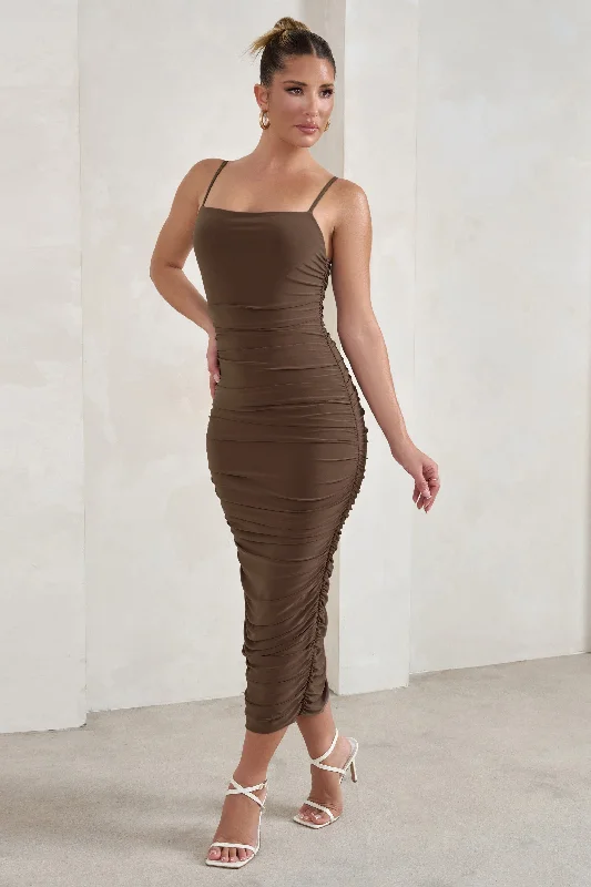 Mesh Summer Midi Dresses-Saffy | Brown Cami Mesh Ruched Midi Dress