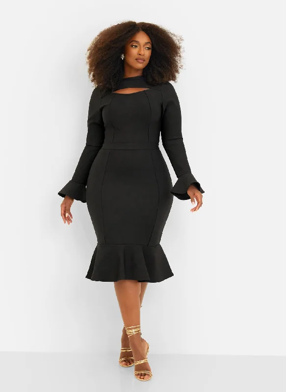 Purple Formal Midi Dresses-Amie Bandage Bell Sleeve Midi Bodycon Dress - Black