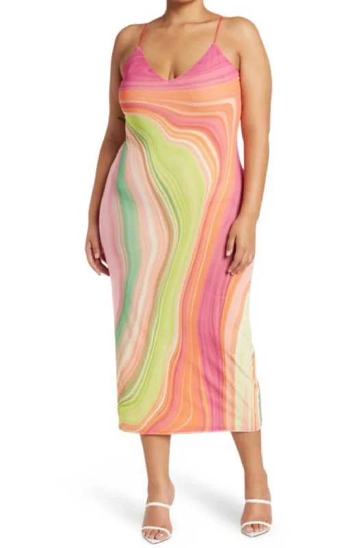 Formal Midi Dresses-Amina Power Mesh Midi Slip Dress In Abstract Spring Wave