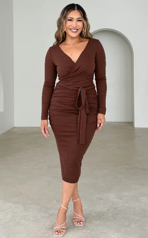 Festival Midi Dresses-Aston Long Sleeve Midi Dress - Chocolate Brown