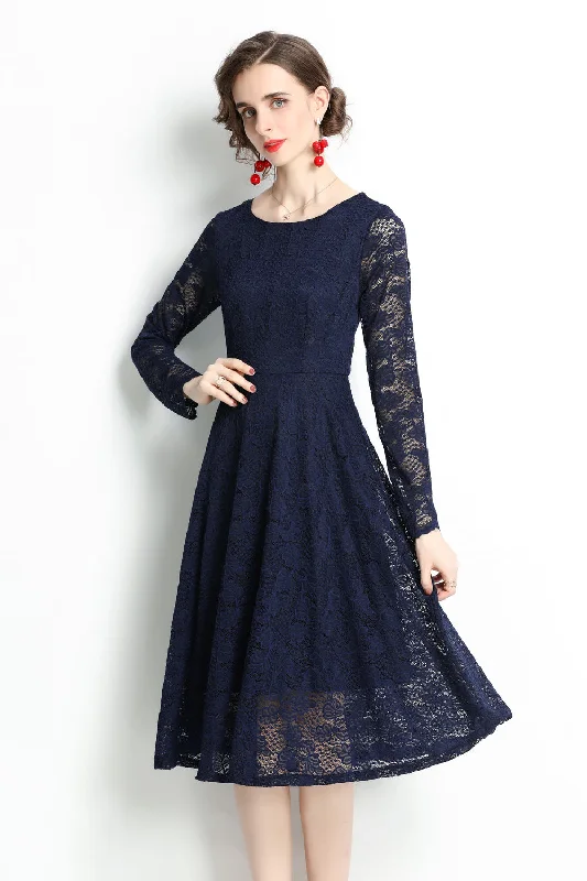 Velvet Casual Midi Dresses-Navy Evening Lace A-line Boatneck Long Sleeve Midi Classic Dress