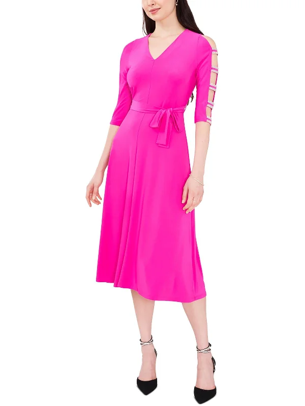 V Neck Summer Midi Dresses-Petites Womens Stretch Midi Fit & Flare Dress