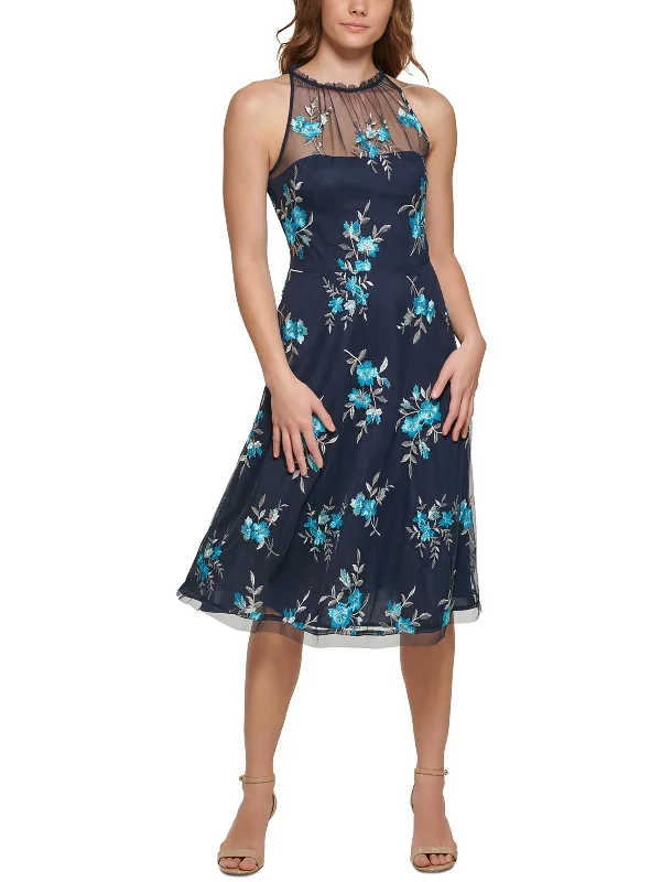 Floral Winter Midi Dresses-Womens Embroidered Midi Halter Dress