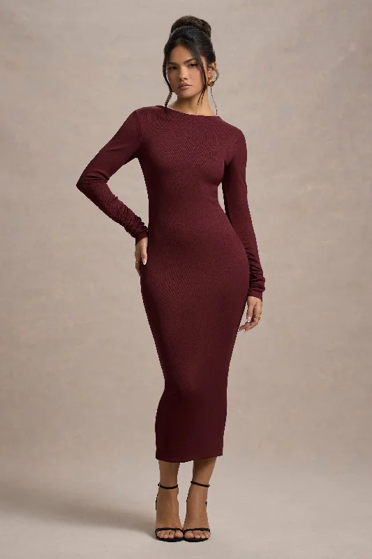 Green Summer Midi Dresses-Madden | Plum Rib Knit Cowl-Back Midi Dress