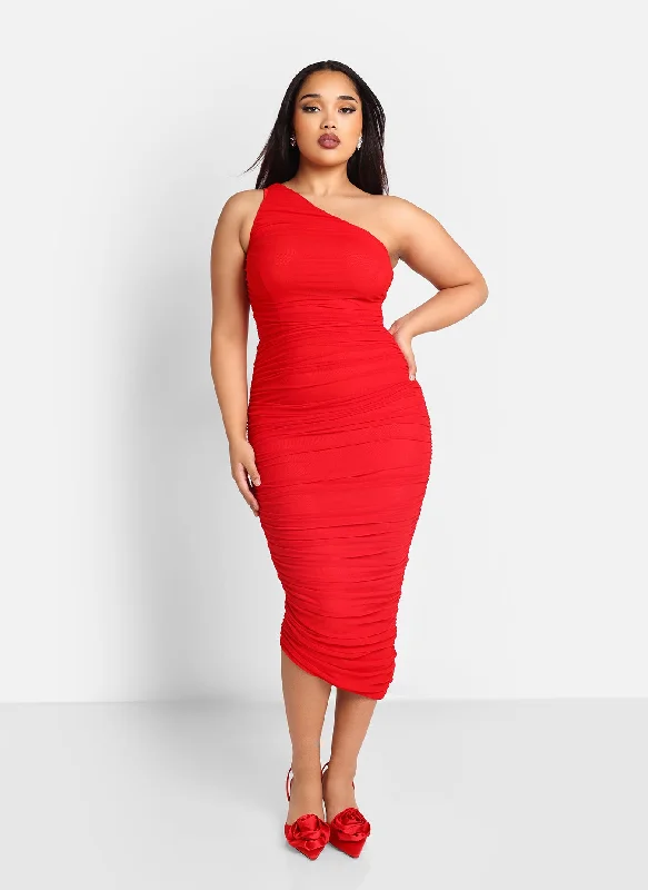 Cotton Beach Midi Dresses-Paris Mesh One Shoulder Asymmetrical Midi Bodycon Dress - Cherry